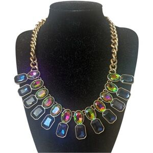 J Crew Brulee Double Raw Watermelon Rhinestone Iridescent Statement Necklace